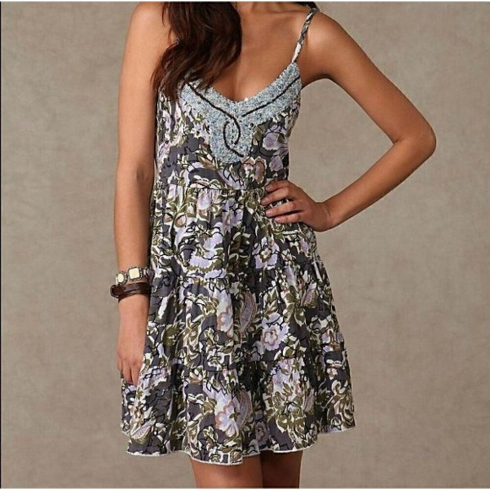 Free People Babydoll Dress Beaded Neck Western Paisley - Size: XS